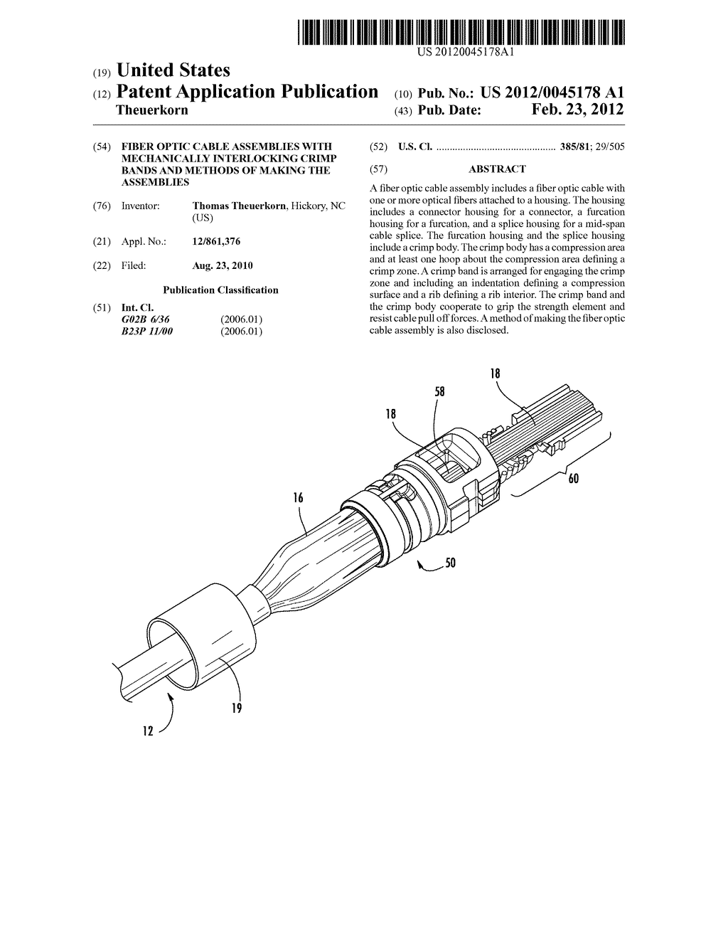 FIBER OPTIC CABLE ASSEMBLIES WITH MECHANICALLY INTERLOCKING CRIMP BANDS     AND METHODS OF MAKING THE ASSEMBLIES - diagram, schematic, and image 01