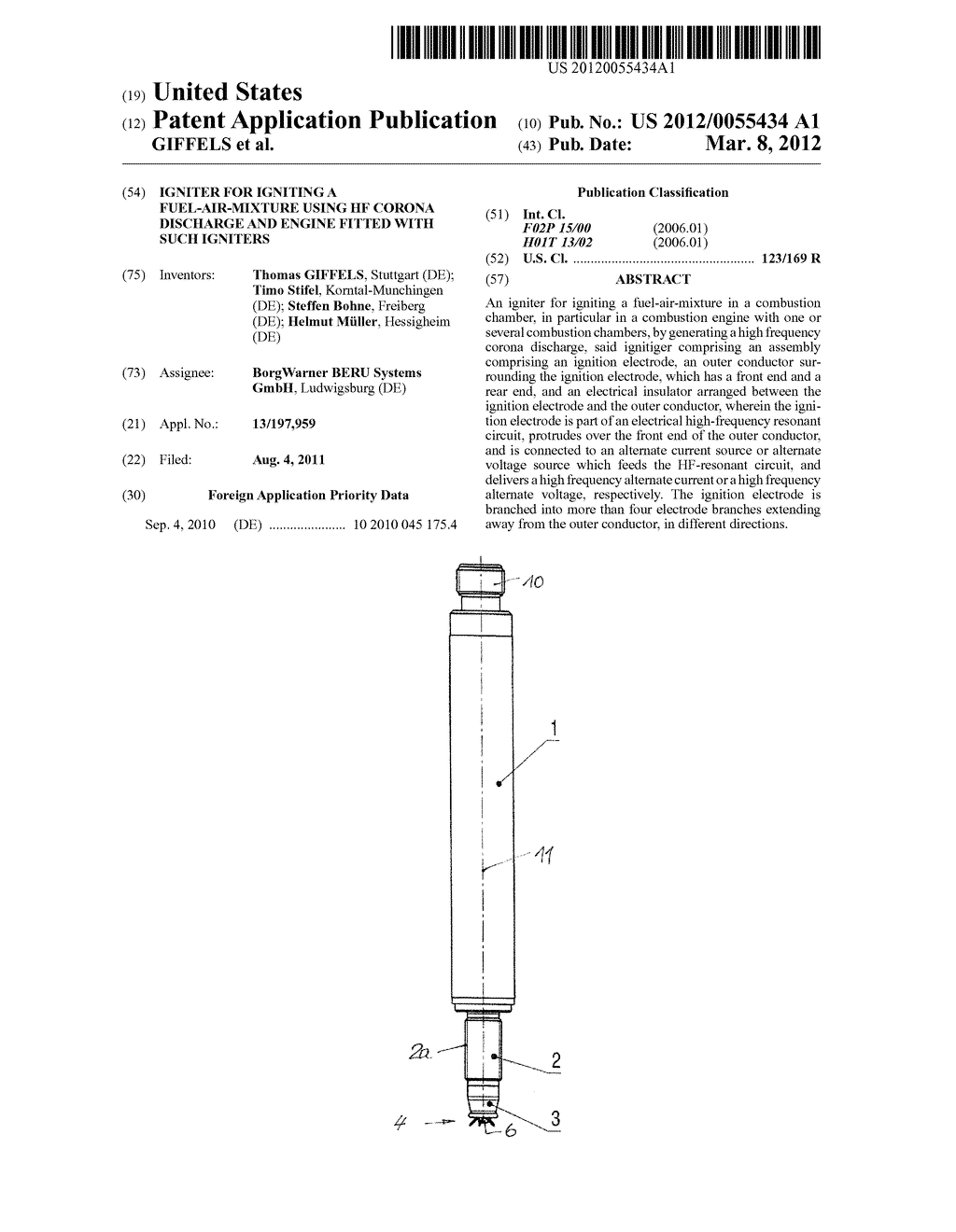 IGNITER FOR IGNITING A FUEL-AIR-MIXTURE USING HF CORONA DISCHARGE AND     ENGINE FITTED WITH SUCH IGNITERS - diagram, schematic, and image 01