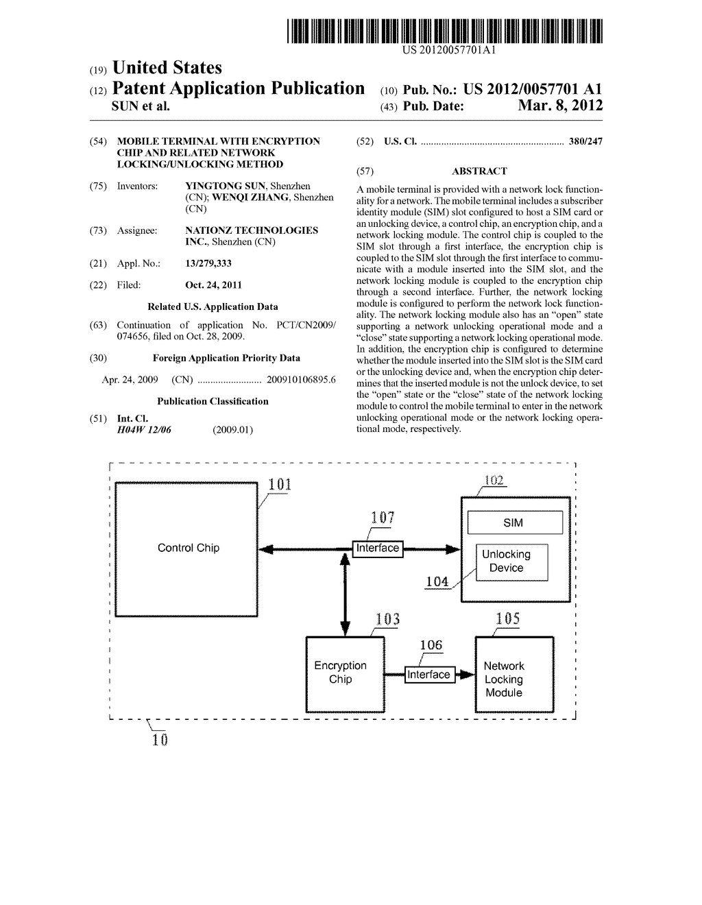 MOBILE TERMINAL WITH ENCRYPTION CHIP AND RELATED NETWORK LOCKING/UNLOCKING     METHOD - diagram, schematic, and image 01