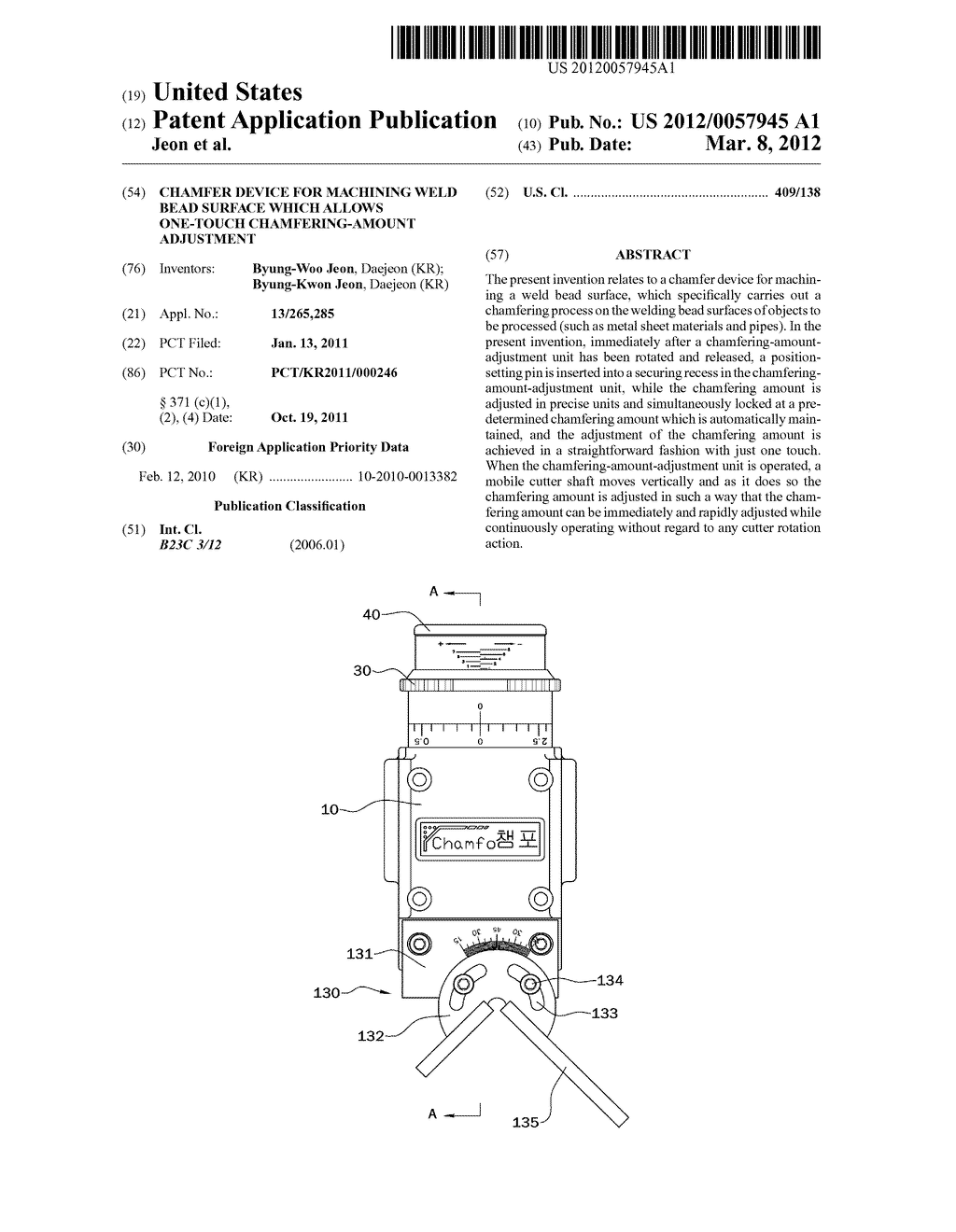 CHAMFER DEVICE FOR MACHINING WELD BEAD SURFACE WHICH ALLOWS ONE-TOUCH     CHAMFERING-AMOUNT ADJUSTMENT - diagram, schematic, and image 01