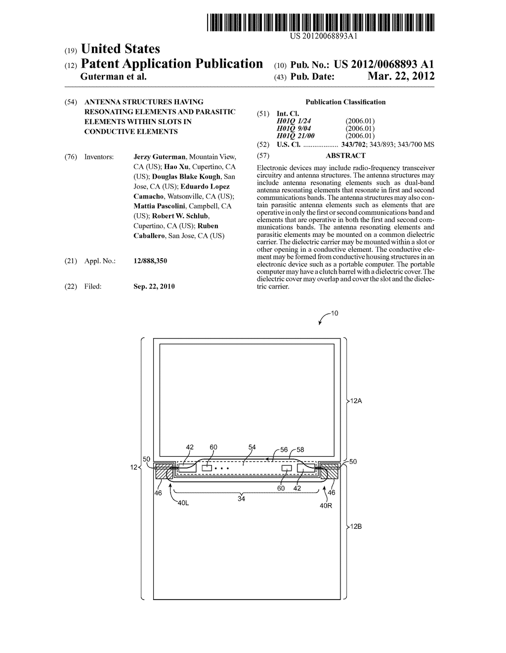 ANTENNA STRUCTURES HAVING RESONATING ELEMENTS AND PARASITIC ELEMENTS     WITHIN SLOTS IN CONDUCTIVE ELEMENTS - diagram, schematic, and image 01