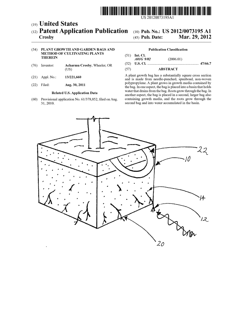 PLANT GROWTH AND GARDEN BAGS AND METHOD OF CULTIVATING PLANTS THEREIN - diagram, schematic, and image 01