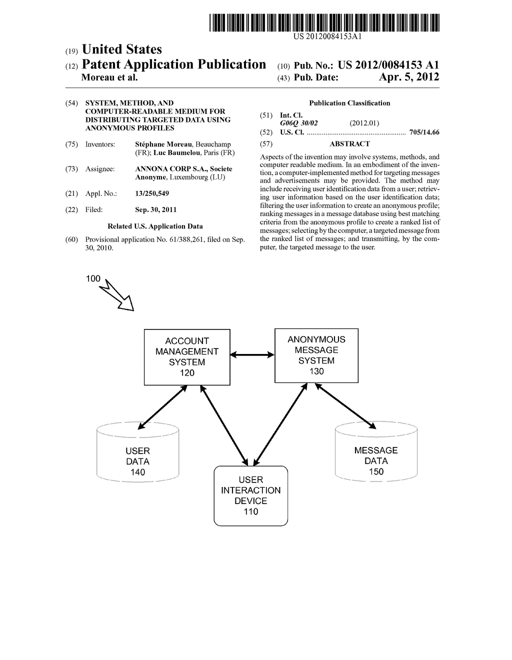 SYSTEM, METHOD, AND COMPUTER-READABLE MEDIUM FOR DISTRIBUTING TARGETED     DATA USING ANONYMOUS PROFILES - diagram, schematic, and image 01