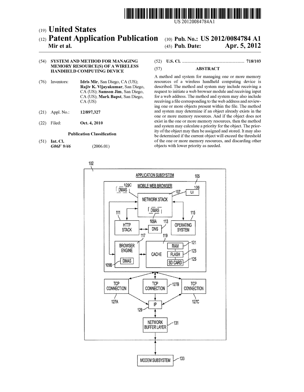 SYSTEM AND METHOD FOR MANAGING MEMORY RESOURCE(S) OF A WIRELESS HANDHELD     COMPUTING DEVICE - diagram, schematic, and image 01