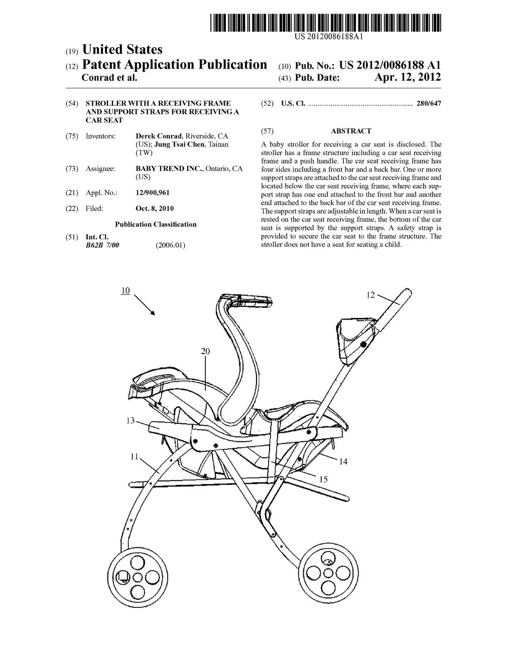 STROLLER WITH A RECEIVING FRAME AND SUPPORT STRAPS FOR RECEIVING A CAR     SEAT - diagram, schematic, and image 01