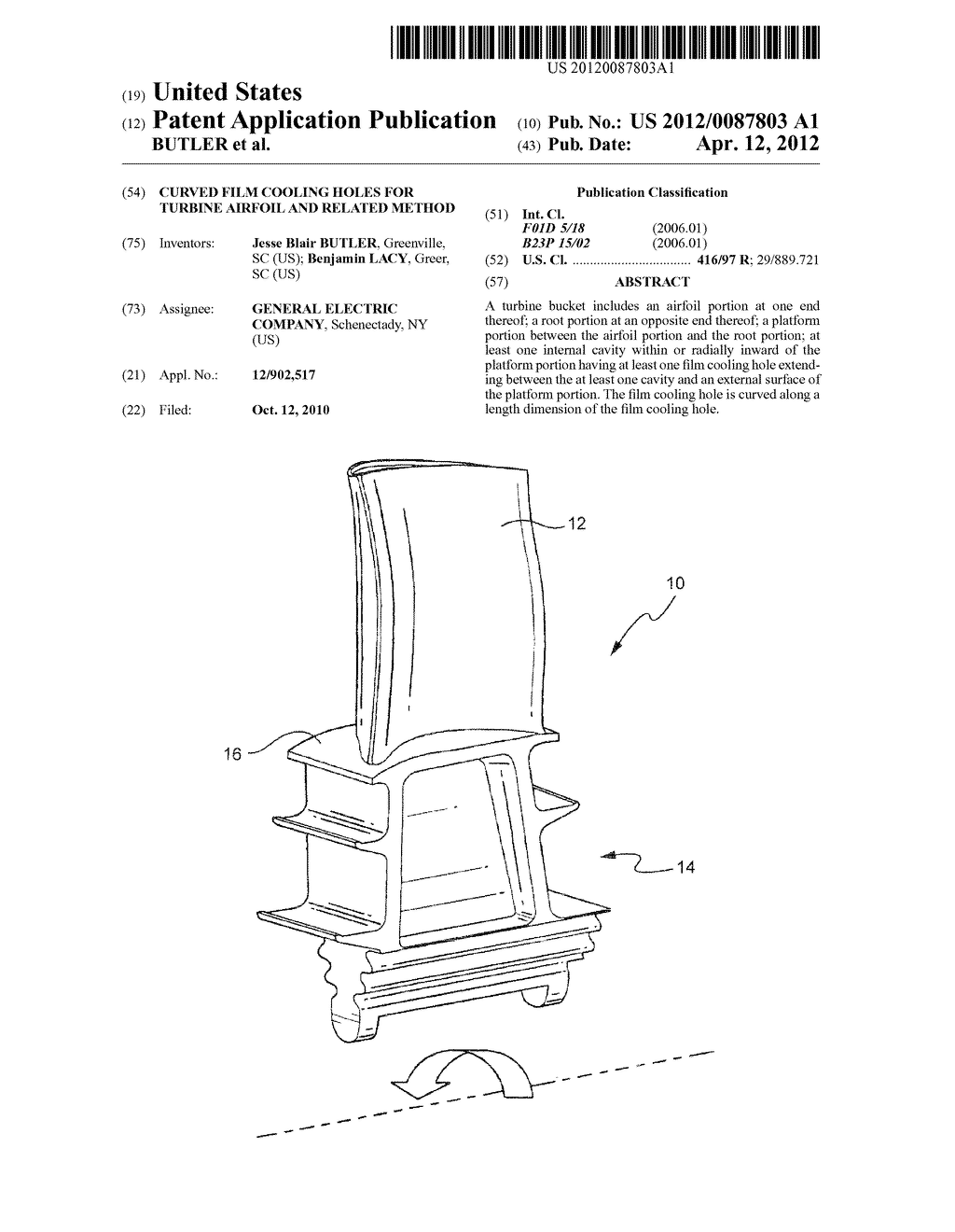 CURVED FILM COOLING HOLES FOR TURBINE AIRFOIL AND RELATED METHOD - diagram, schematic, and image 01