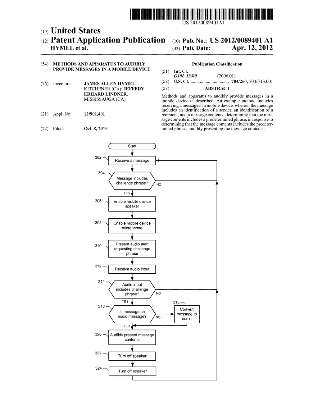 METHODS AND APPARATUS TO AUDIBLY PROVIDE MESSAGES IN A MOBILE DEVICE - diagram, schematic, and image 01