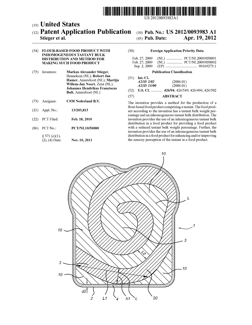 FLOUR-BASED FOOD PRODUCT WITH INHOMOGENEOUS TASTANT BULK DISTRIBUTION AND     METHOD FOR MAKING SUCH FOOD PRODUCT - diagram, schematic, and image 01