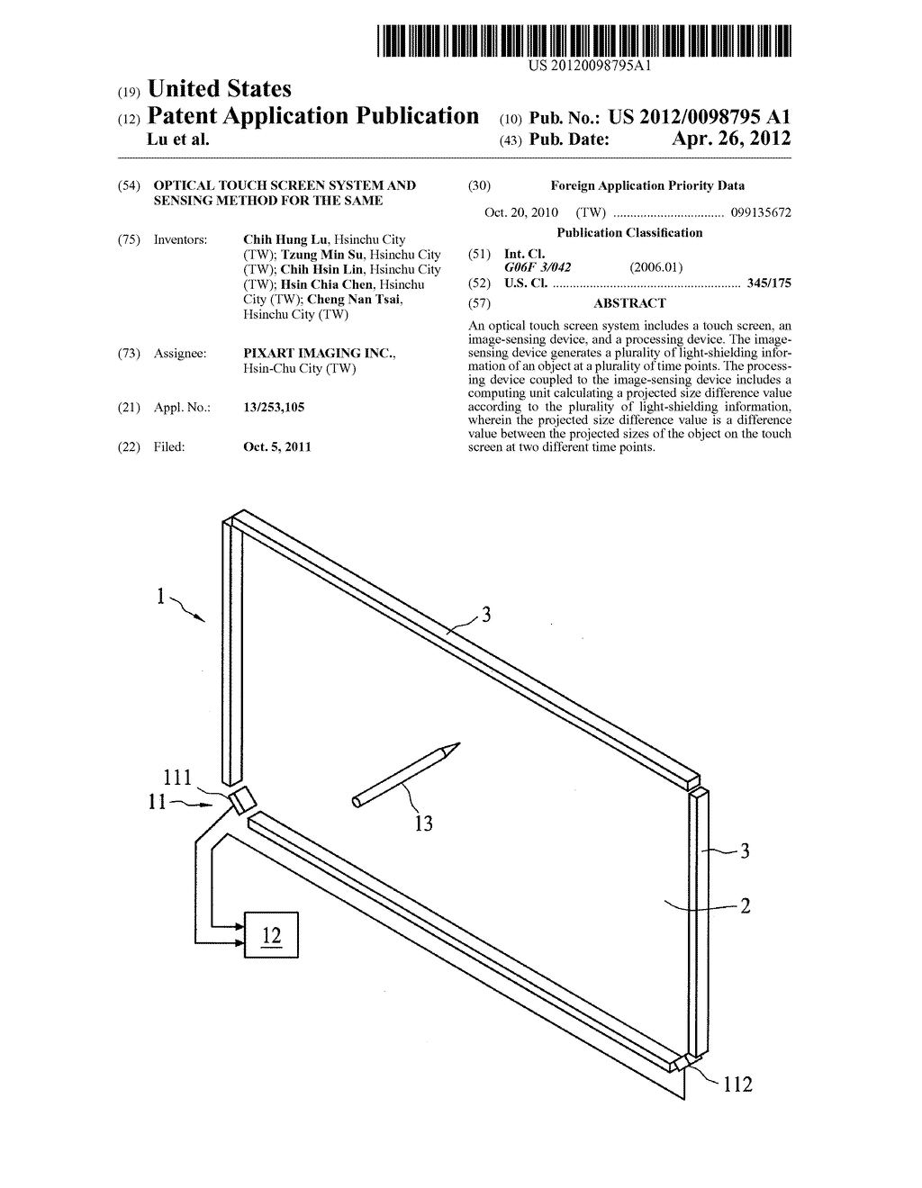 OPTICAL TOUCH SCREEN SYSTEM AND SENSING METHOD FOR THE SAME - diagram, schematic, and image 01