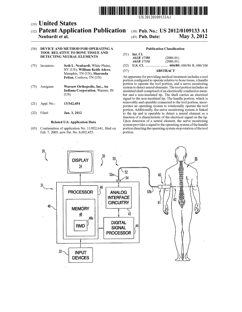 Device and Method for Operating a Tool Relative to Bone Tissue and     Detecting Neural Elements - diagram, schematic, and image 01