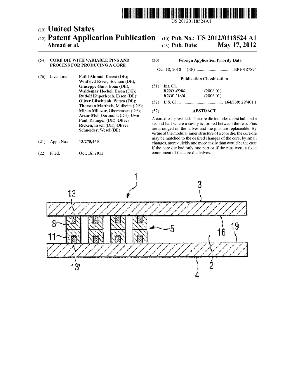 CORE DIE WITH VARIABLE PINS AND PROCESS FOR PRODUCING A CORE - diagram, schematic, and image 01