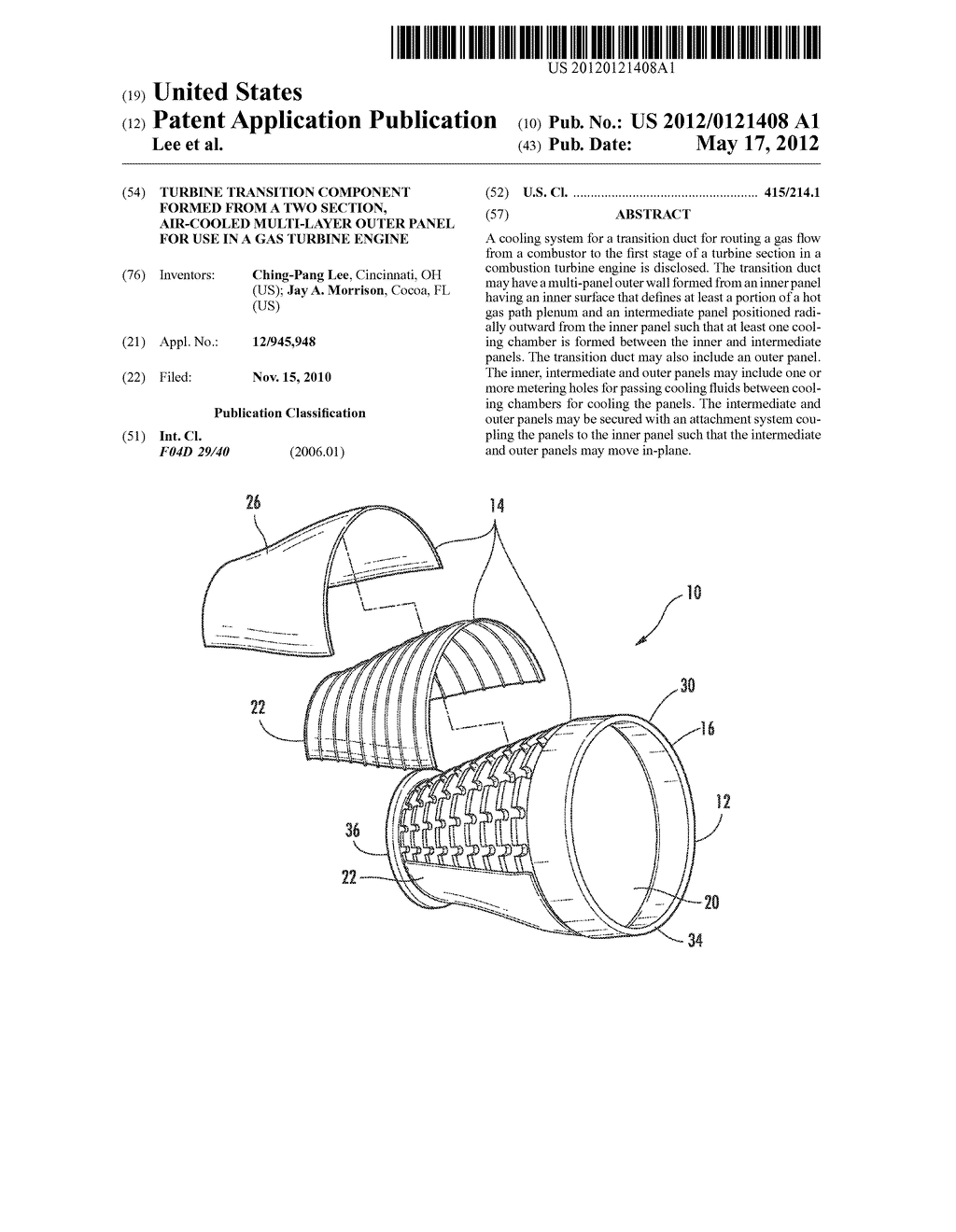 TURBINE TRANSITION COMPONENT FORMED FROM A TWO SECTION, AIR-COOLED     MULTI-LAYER OUTER PANEL FOR USE IN A GAS TURBINE ENGINE - diagram, schematic, and image 01