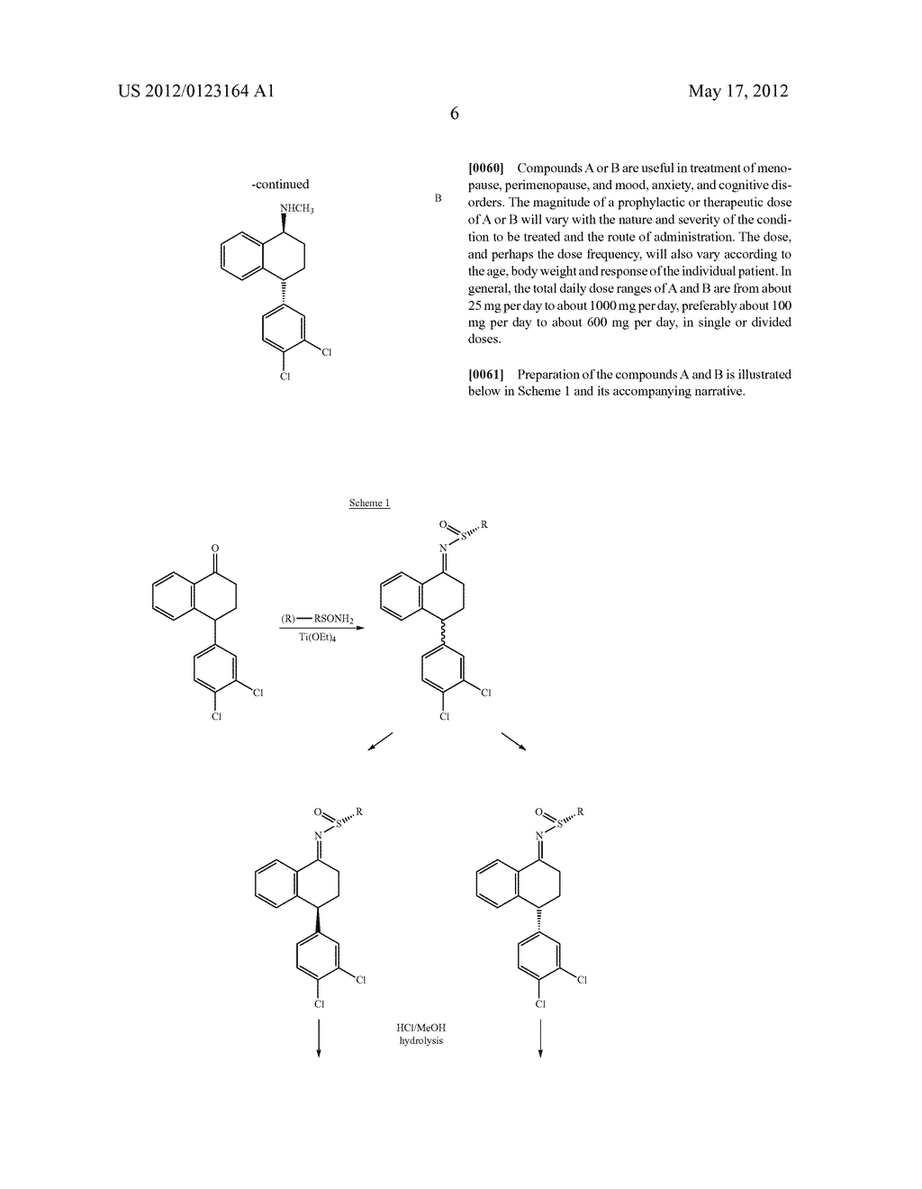 Combinations of Eszopiclone and Trans     4-(3,4-Dichlorophenyl)-1,2,3,4-Tetrahydro-N-Methyl-1-Napthalenamine or     Trans 4-(3,4-Dichlorophenyl)-1,2,3,4-Tetrahydro-1-Napthalenamine, and     Methods of Treatment of Menopause and Mood, Anxiety, and Cognitive     Disorders - diagram, schematic, and image 07