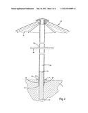 UMBRELLA AND ANCHORING DEVICE AND METHOD FOR USING SAME diagram and image