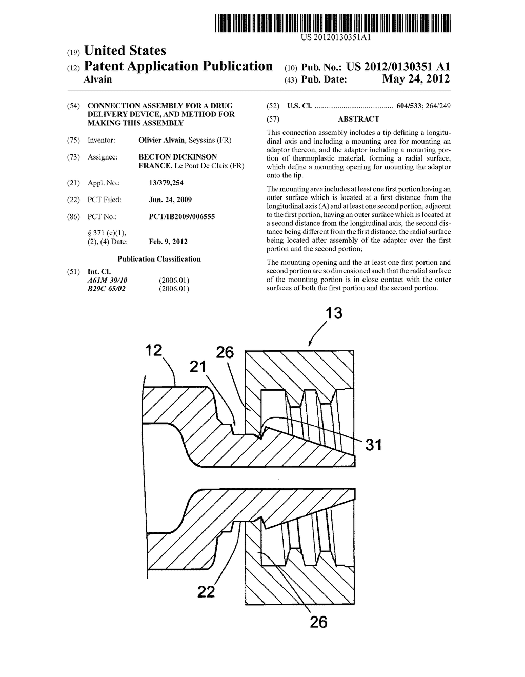 CONNECTION ASSEMBLY FOR A DRUG DELIVERY DEVICE, AND METHOD FOR MAKING THIS     ASSEMBLY - diagram, schematic, and image 01