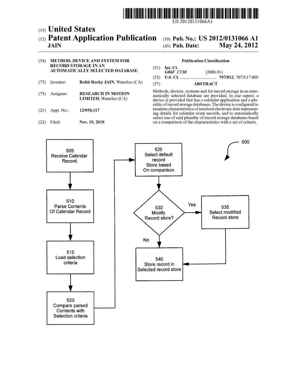 METHOD, DEVICE AND SYSTEM FOR RECORD STORAGE IN AN AUTOMATICALLY SELECTED     DATABASE - diagram, schematic, and image 01