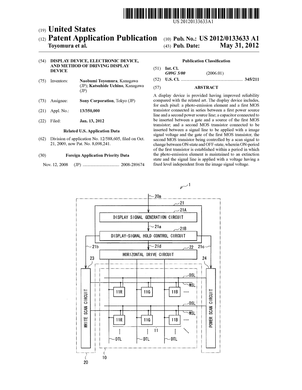 DISPLAY DEVICE, ELECTRONIC DEVICE, AND METHOD OF DRIVING DISPLAY DEVICE - diagram, schematic, and image 01