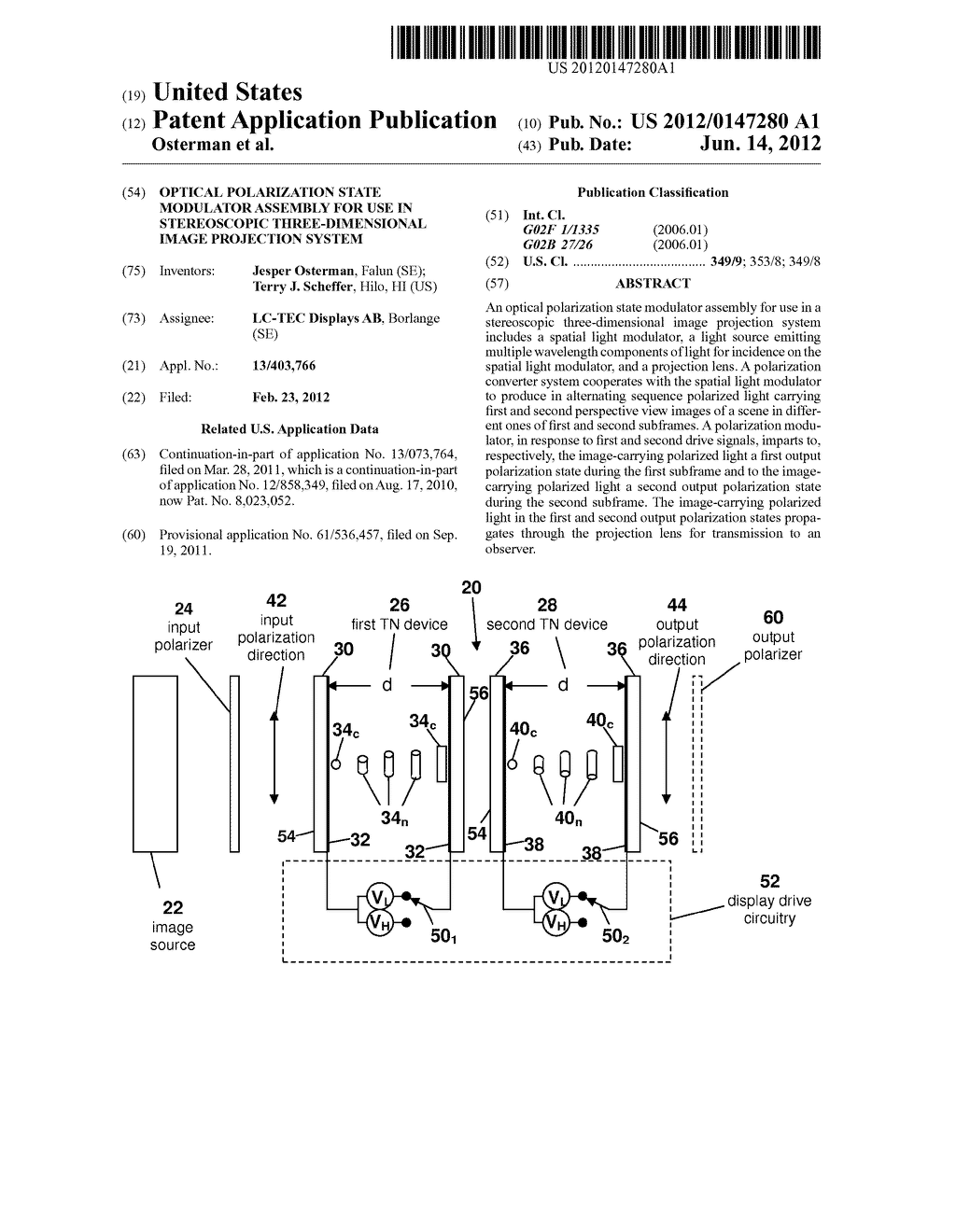 OPTICAL POLARIZATION STATE MODULATOR ASSEMBLY FOR USE IN STEREOSCOPIC     THREE-DIMENSIONAL IMAGE PROJECTION SYSTEM - diagram, schematic, and image 01