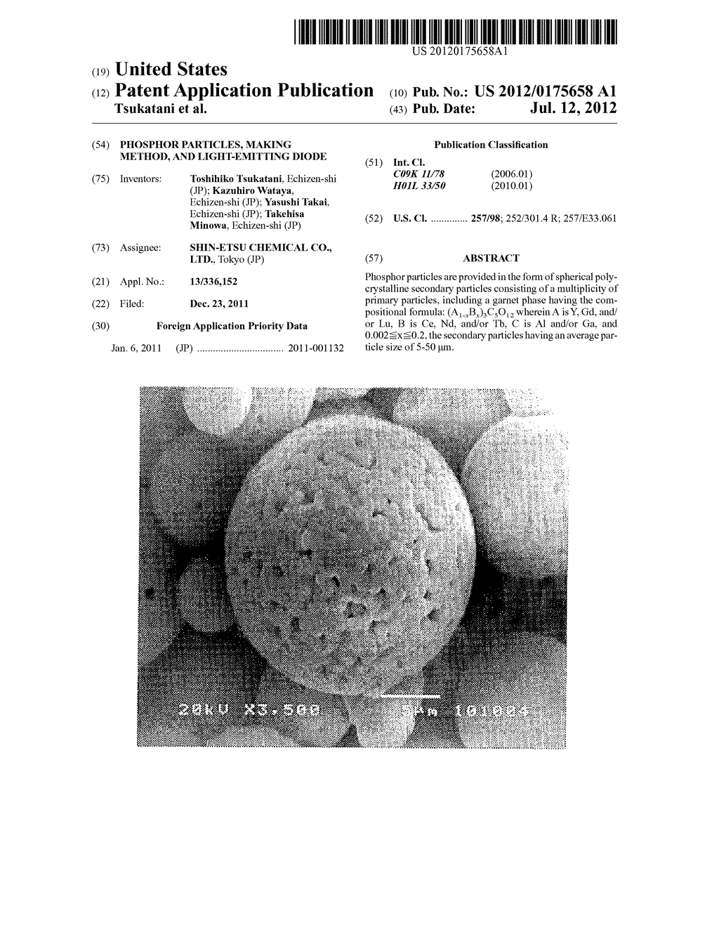 PHOSPHOR PARTICLES, MAKING METHOD, AND LIGHT-EMITTING DIODE - diagram, schematic, and image 01