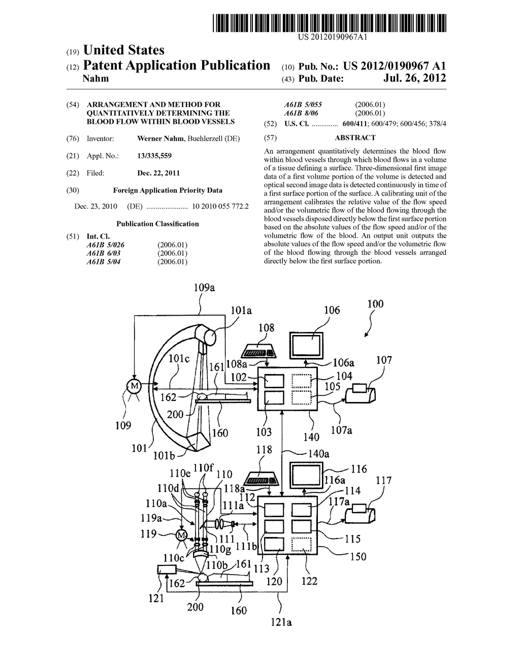 ARRANGEMENT AND METHOD FOR QUANTITATIVELY DETERMINING THE BLOOD FLOW     WITHIN BLOOD VESSELS - diagram, schematic, and image 01