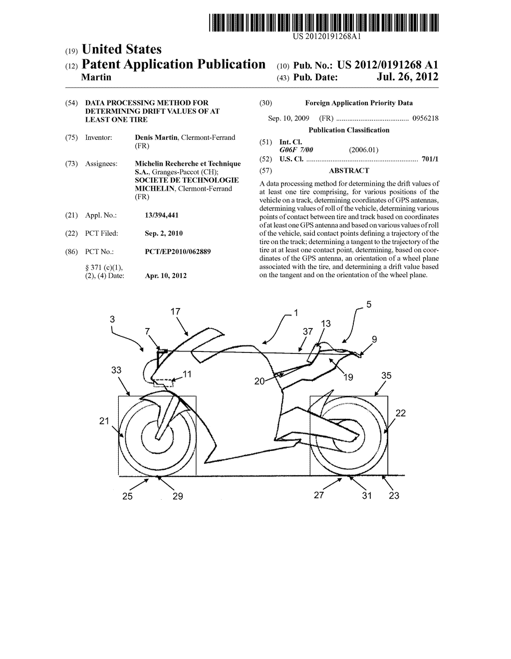 DATA PROCESSING METHOD FOR DETERMINING DRIFT VALUES OF AT LEAST ONE TIRE - diagram, schematic, and image 01