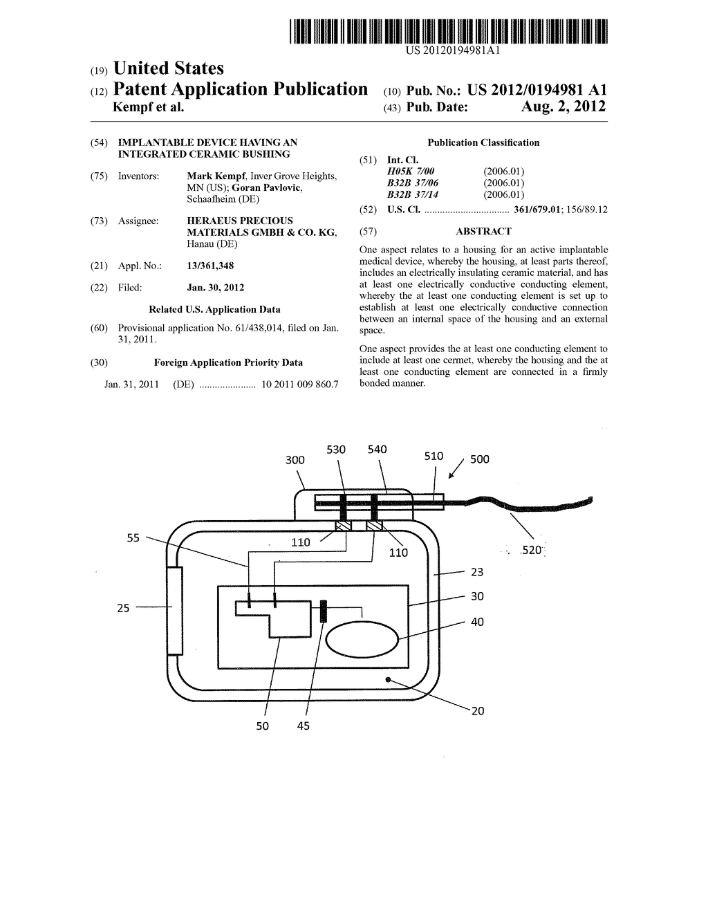 IMPLANTABLE DEVICE HAVING AN INTEGRATED CERAMIC BUSHING - diagram, schematic, and image 01