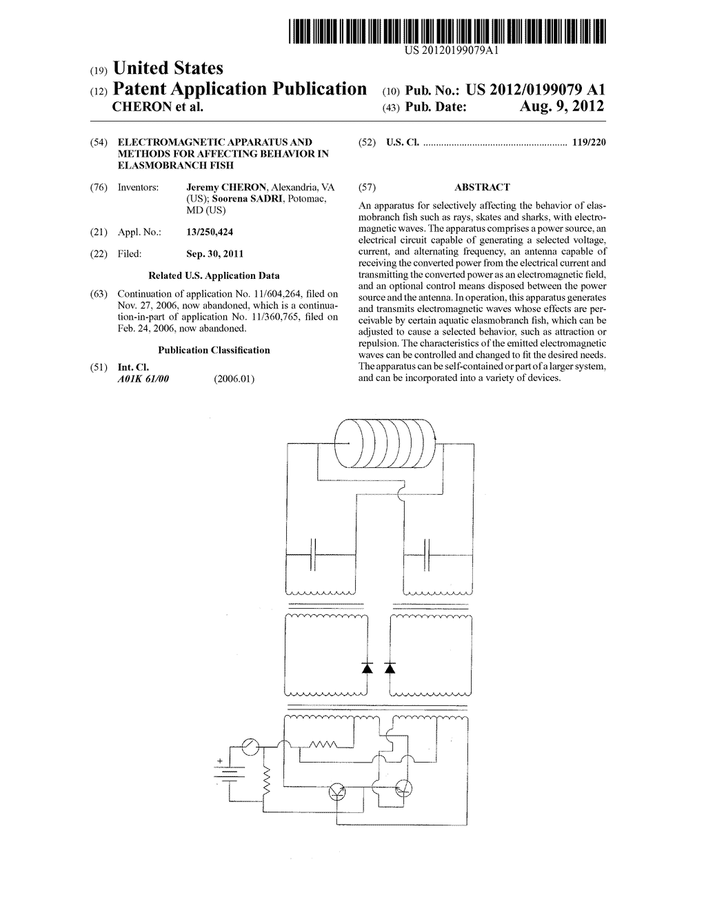 ELECTROMAGNETIC APPARATUS AND METHODS FOR AFFECTING BEHAVIOR IN     ELASMOBRANCH FISH - diagram, schematic, and image 01