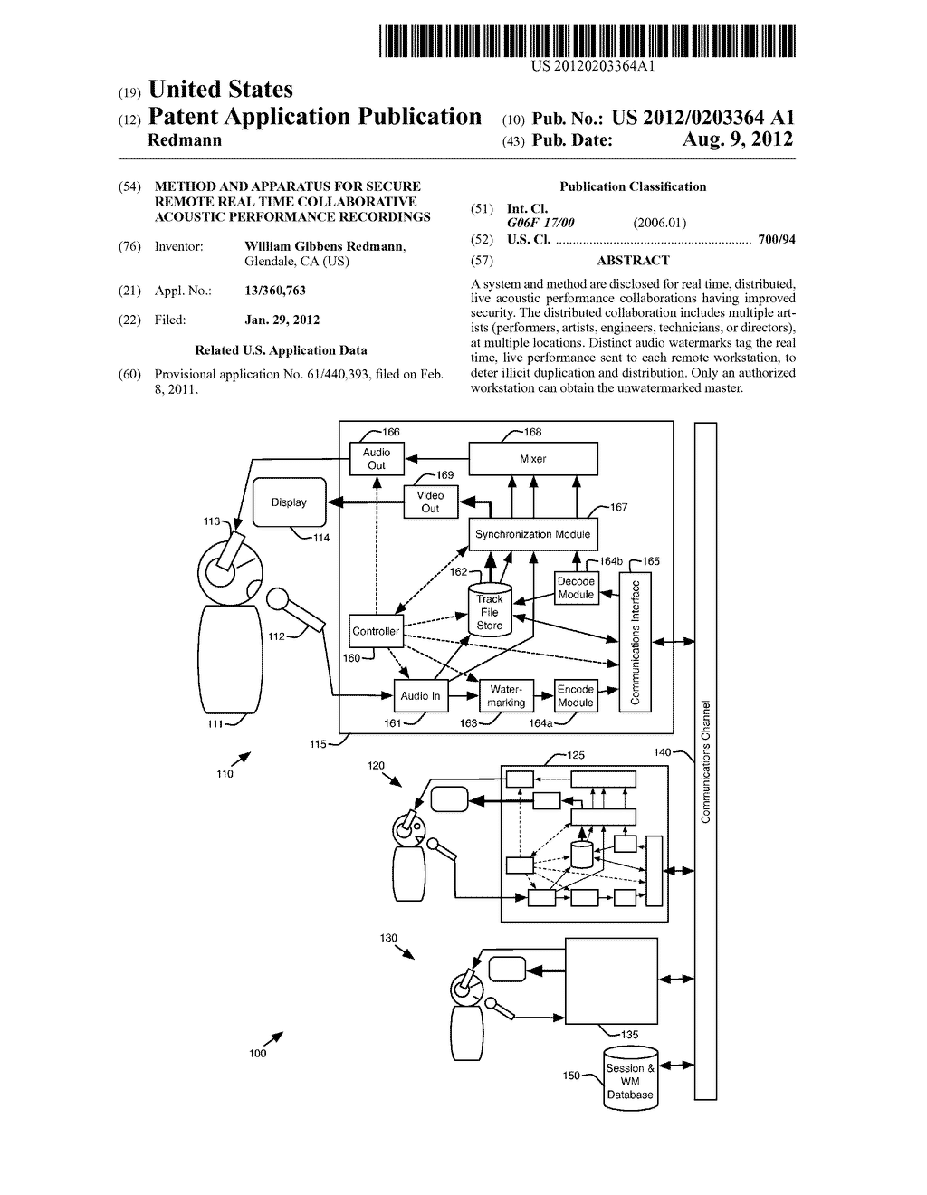 METHOD AND APPARATUS FOR SECURE REMOTE REAL TIME COLLABORATIVE ACOUSTIC     PERFORMANCE RECORDINGS - diagram, schematic, and image 01
