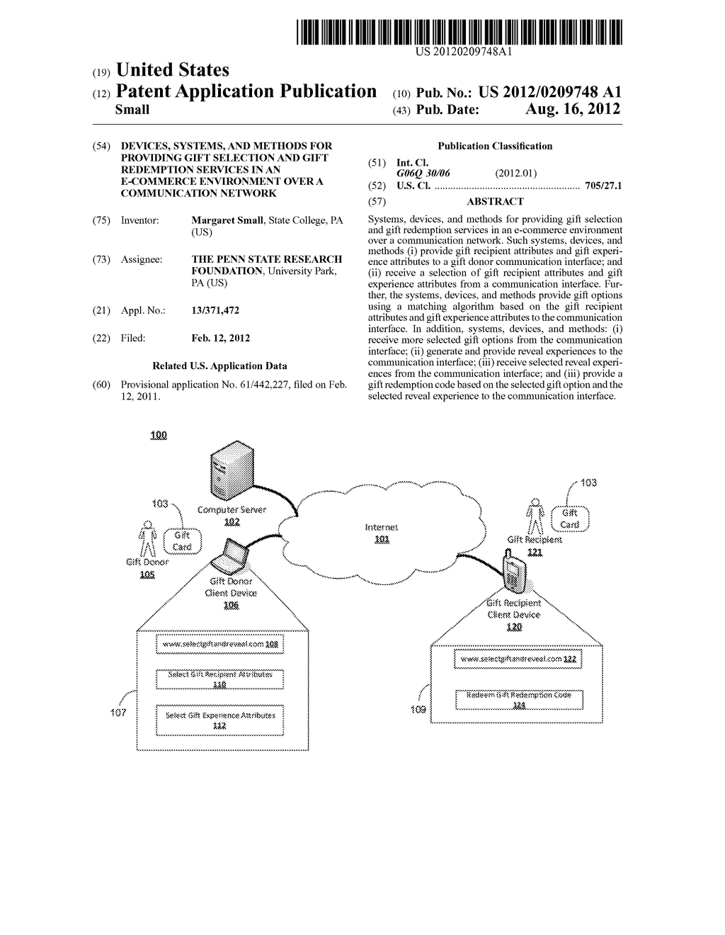 DEVICES, SYSTEMS, AND METHODS FOR PROVIDING GIFT SELECTION AND GIFT     REDEMPTION SERVICES IN AN E-COMMERCE ENVIRONMENT OVER A COMMUNICATION     NETWORK - diagram, schematic, and image 01