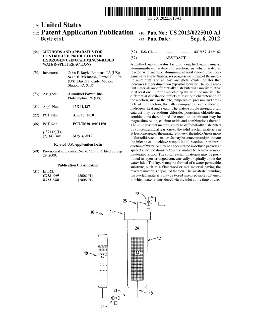 METHODS AND APPARATUS FOR CONTROLLED PRODUCTION OF HYDROGEN USING     ALUMINUM-BASED WATER-SPLIT REACTIONS - diagram, schematic, and image 01