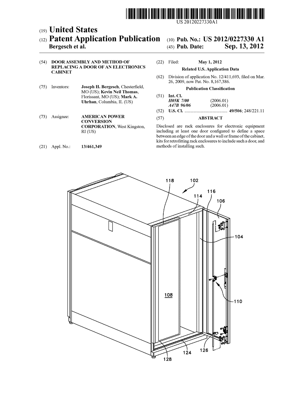 DOOR ASSEMBLY AND METHOD OF REPLACING A DOOR OF AN ELECTRONICS CABINET - diagram, schematic, and image 01