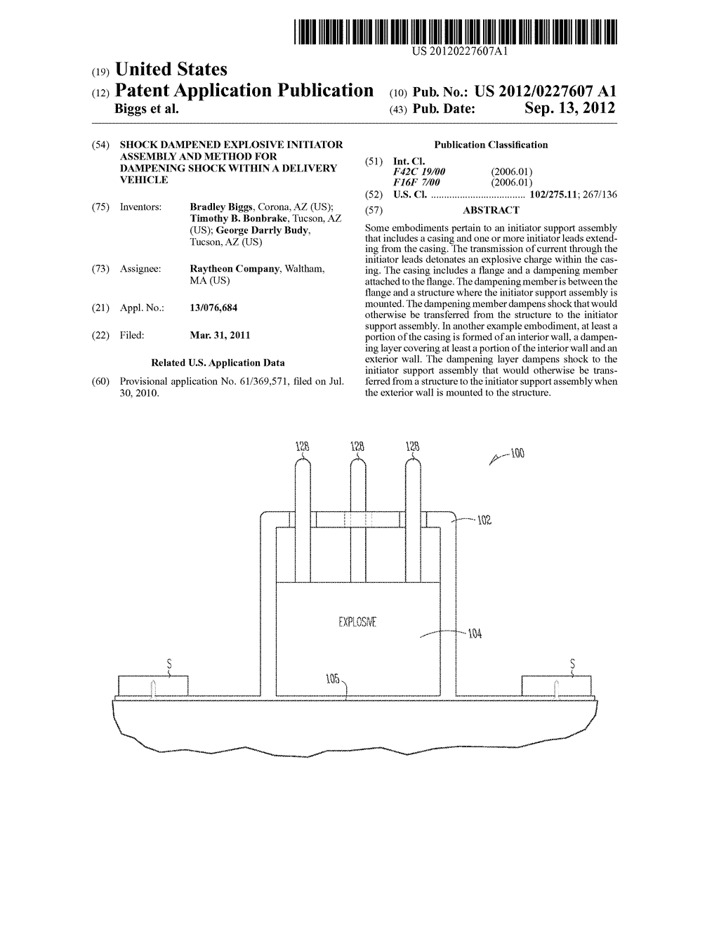 SHOCK DAMPENED EXPLOSIVE INITIATOR ASSEMBLY AND METHOD FOR DAMPENING SHOCK     WITHIN A DELIVERY VEHICLE - diagram, schematic, and image 01