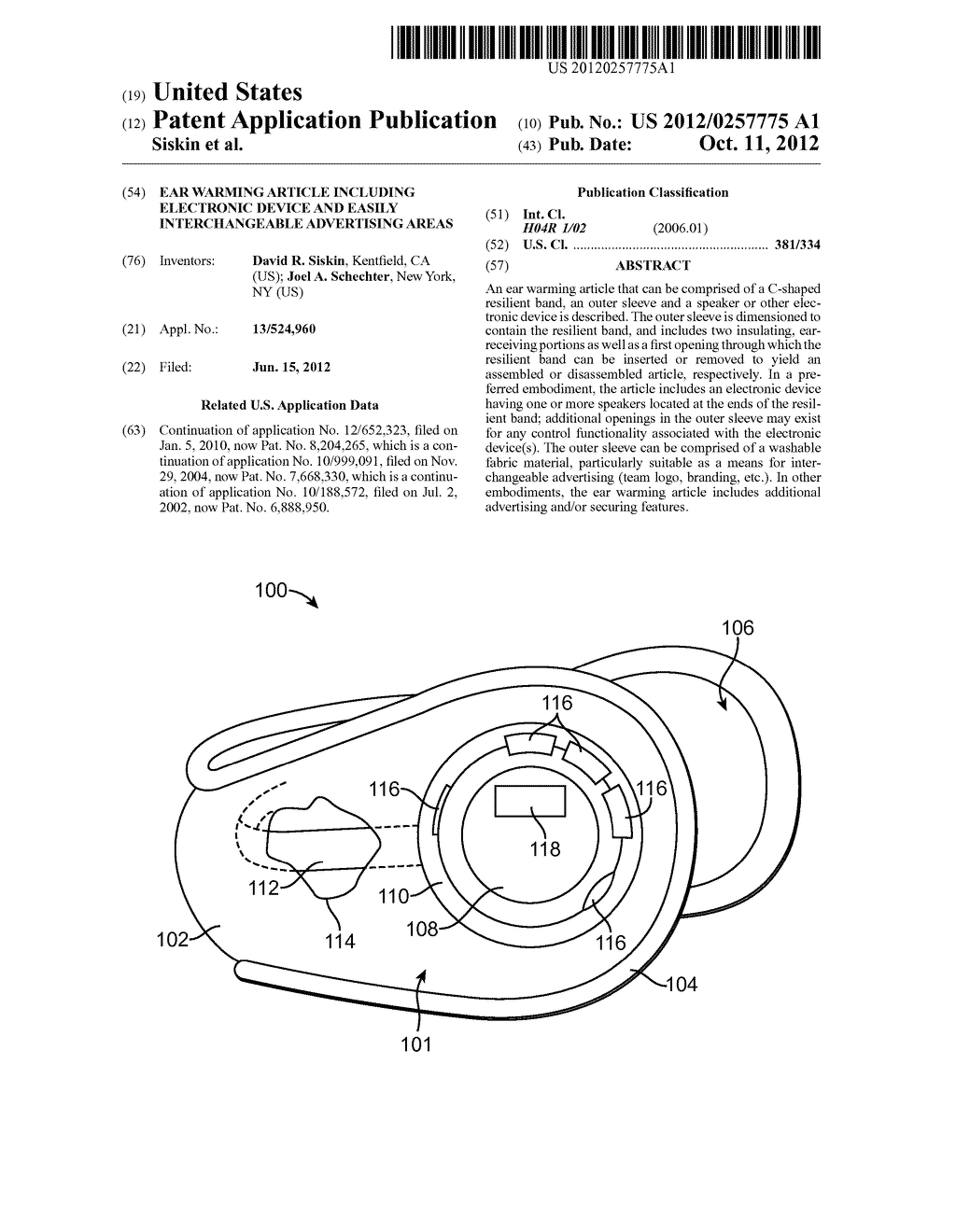 Ear warming article including electronic device and easily interchangeable     advertising areas - diagram, schematic, and image 01
