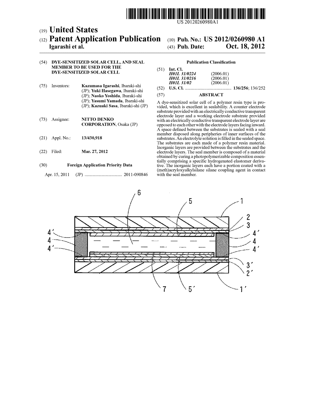 DYE-SENSITIZED SOLAR CELL, AND SEAL MEMBER TO BE USED FOR THE     DYE-SENSITIZED SOLAR CELL - diagram, schematic, and image 01