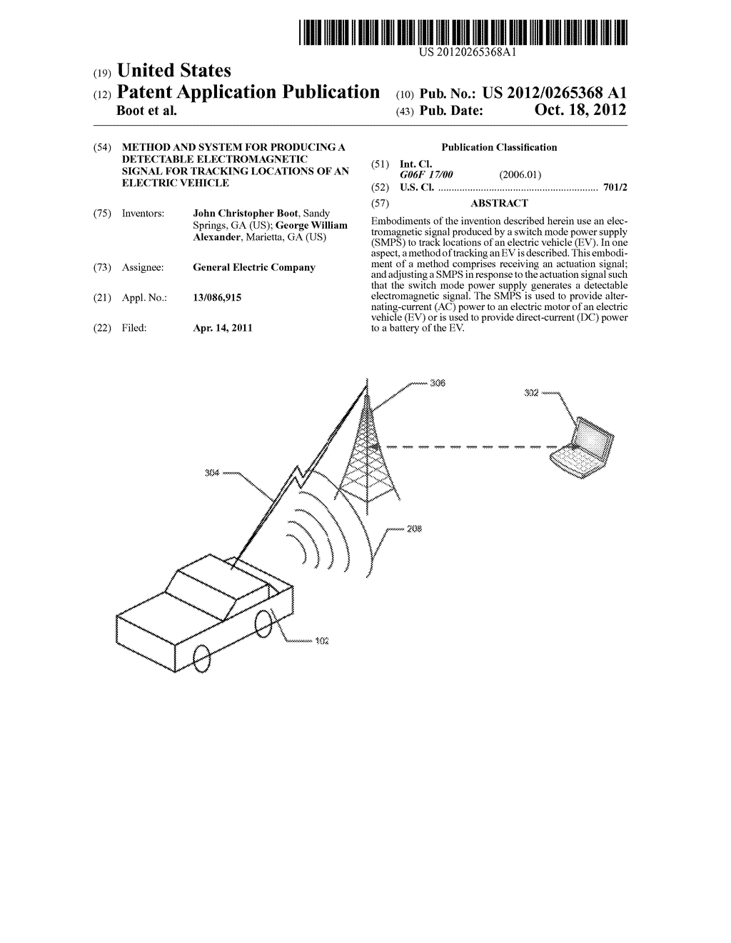 METHOD AND SYSTEM FOR PRODUCING A DETECTABLE ELECTROMAGNETIC SIGNAL FOR     TRACKING LOCATIONS OF AN ELECTRIC VEHICLE - diagram, schematic, and image 01