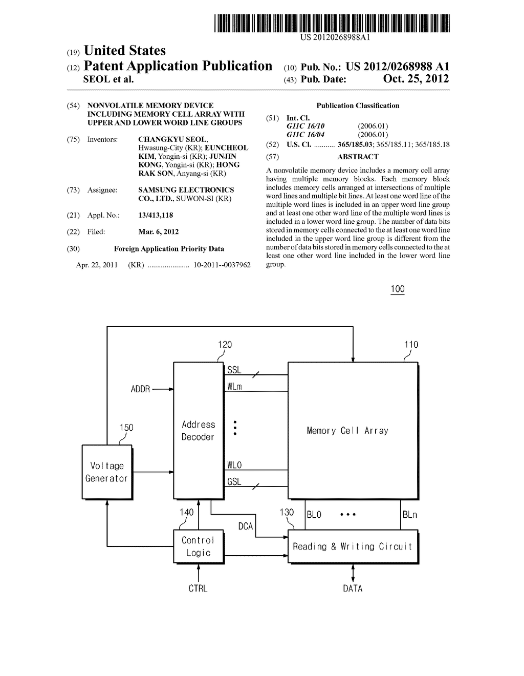 NONVOLATILE MEMORY DEVICE INCLUDING MEMORY CELL ARRAY WITH UPPER AND LOWER     WORD LINE GROUPS - diagram, schematic, and image 01