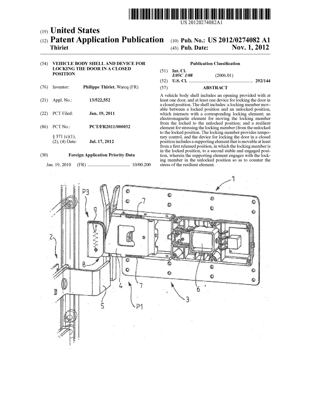 VEHICLE BODY SHELL AND DEVICE FOR LOCKING THE DOOR IN A CLOSED POSITION - diagram, schematic, and image 01