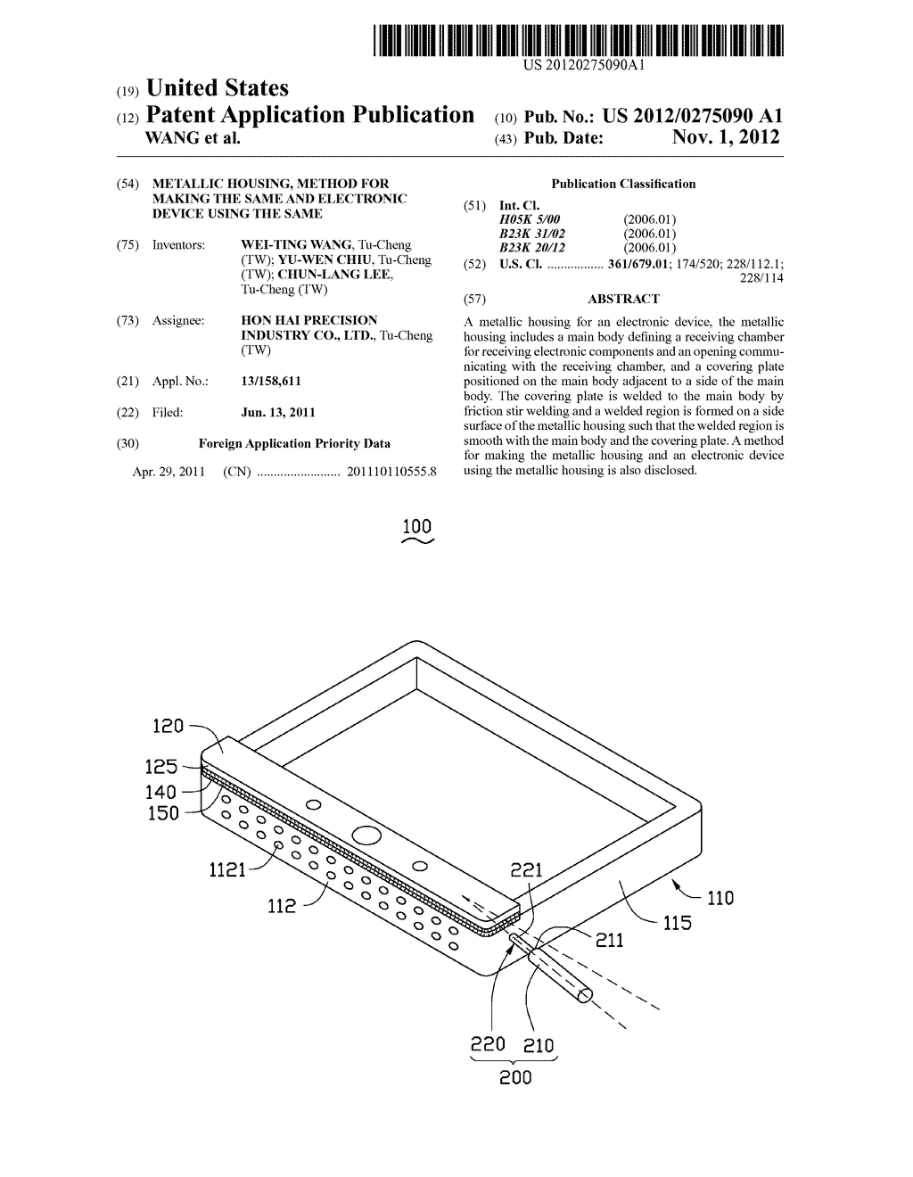 METALLIC HOUSING, METHOD FOR MAKING THE SAME AND ELECTRONIC DEVICE USING     THE SAME - diagram, schematic, and image 01