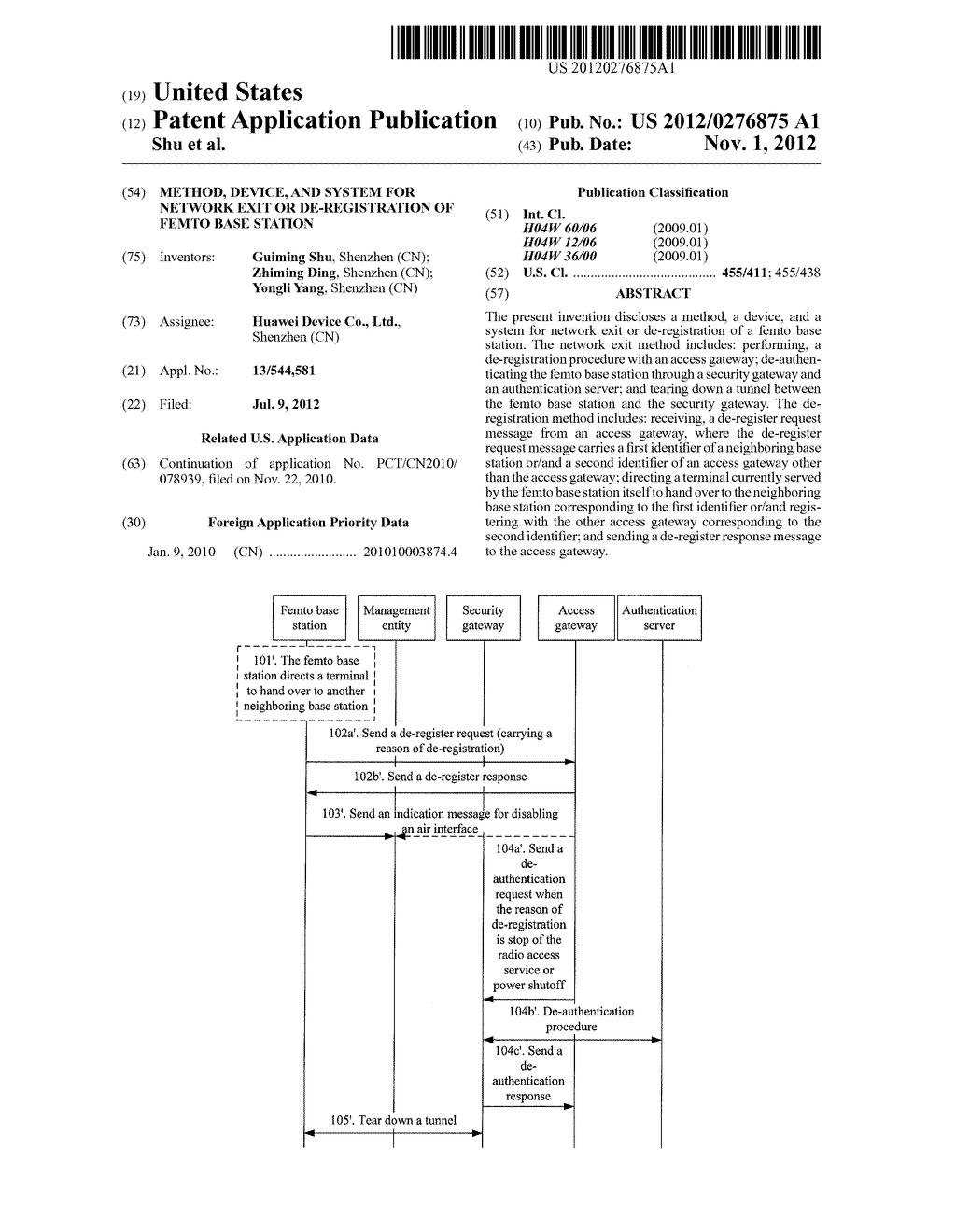 METHOD, DEVICE, AND SYSTEM FOR NETWORK EXIT OR DE-REGISTRATION OF FEMTO     BASE STATION - diagram, schematic, and image 01