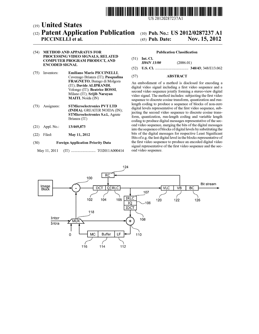 METHOD AND APPARATUS FOR PROCESSING VIDEO SIGNALS, RELATED COMPUTER     PROGRAM PRODUCT, AND ENCODED SIGNAL - diagram, schematic, and image 01