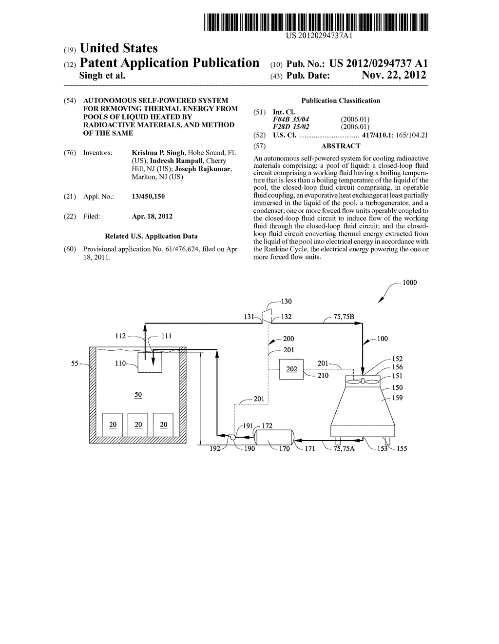 AUTONOMOUS SELF-POWERED SYSTEM FOR REMOVING THERMAL ENERGY FROM POOLS OF     LIQUID HEATED BY RADIOACTIVE MATERIALS, AND METHOD OF THE SAME - diagram, schematic, and image 01