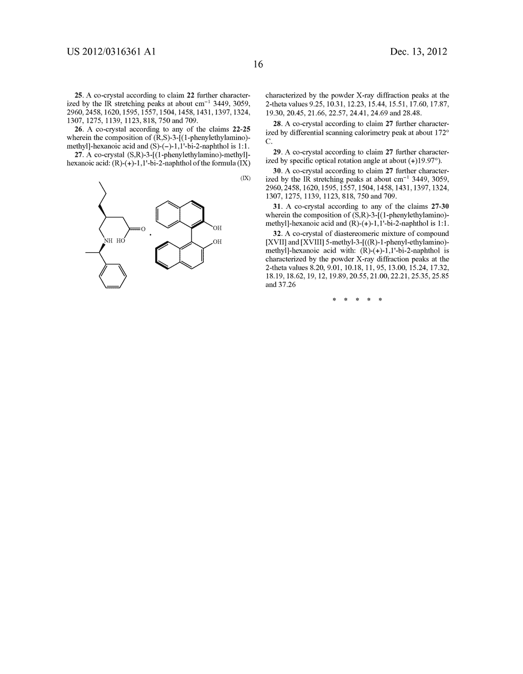 METHOD OF RESOLUTION OF (RS)- 1,1'-BI-2-NAPHTHOL FOR OBTAINING     ENANTIOMERIC PURE I.E. (S)-(-)-1,1'-BI-2-NAPHTHOL AND/OR     (R)-(+)-1,1'-BI-2-NAPHTHOL VIA CO-CRYSTAL FORMATION WITH OPTICALLY ACTIVE     DERIVATIVES OF y -AMINO ACIDS - diagram, schematic, and image 28