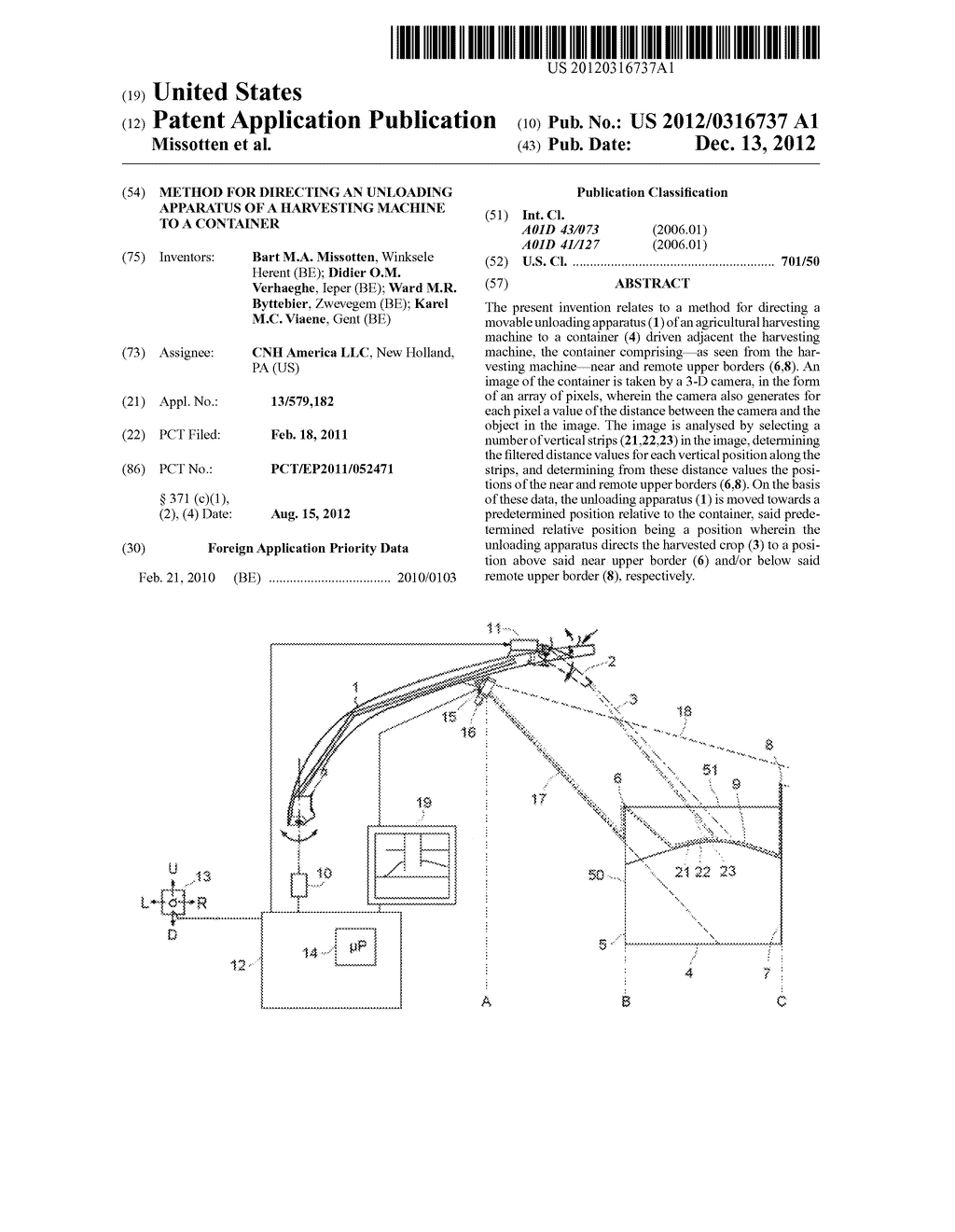 METHOD FOR DIRECTING AN UNLOADING APPARATUS OF A HARVESTING MACHINE TO A     CONTAINER - diagram, schematic, and image 01