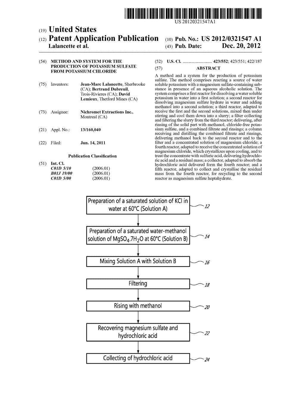 METHOD AND SYSTEM FOR THE PRODUCTION OF POTASSIUM SULFATE FROM POTASSIUM     CHLORIDE - diagram, schematic, and image 01