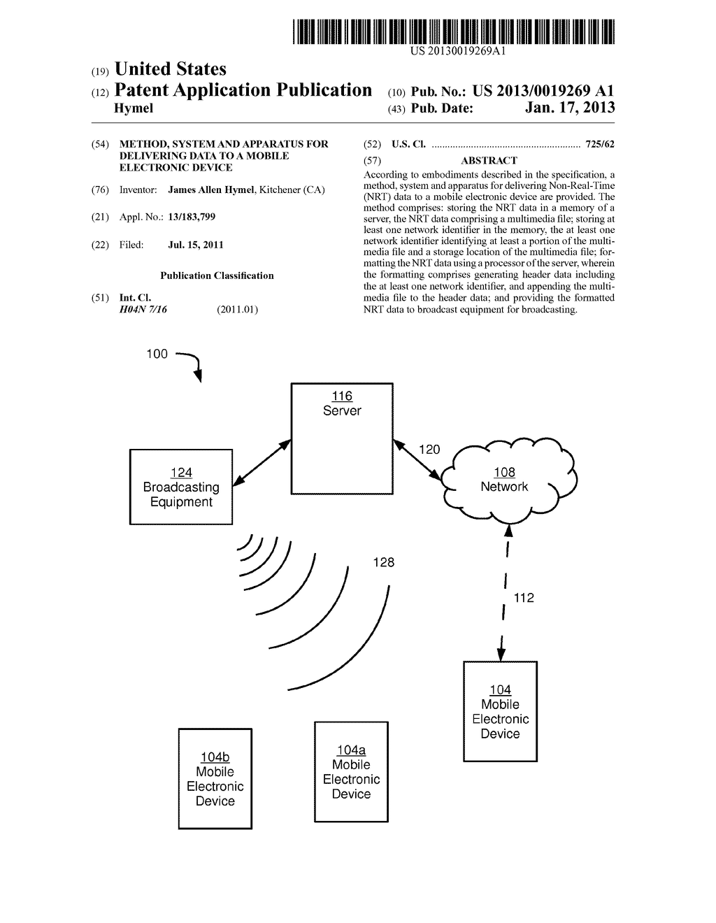 METHOD, SYSTEM AND APPARATUS FOR DELIVERING DATA TO A MOBILE ELECTRONIC     DEVICEAANM Hymel; James AllenAACI KitchenerAACO CAAAGP Hymel; James Allen Kitchener CA - diagram, schematic, and image 01