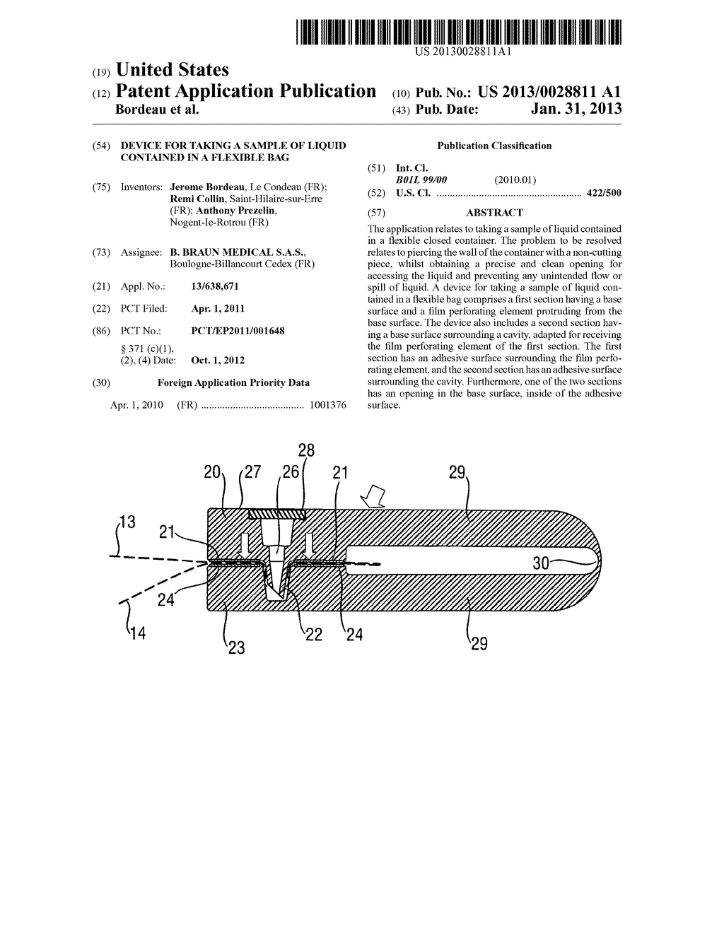 DEVICE FOR TAKING A SAMPLE OF LIQUID CONTAINED IN A FLEXIBLE BAG - diagram, schematic, and image 01