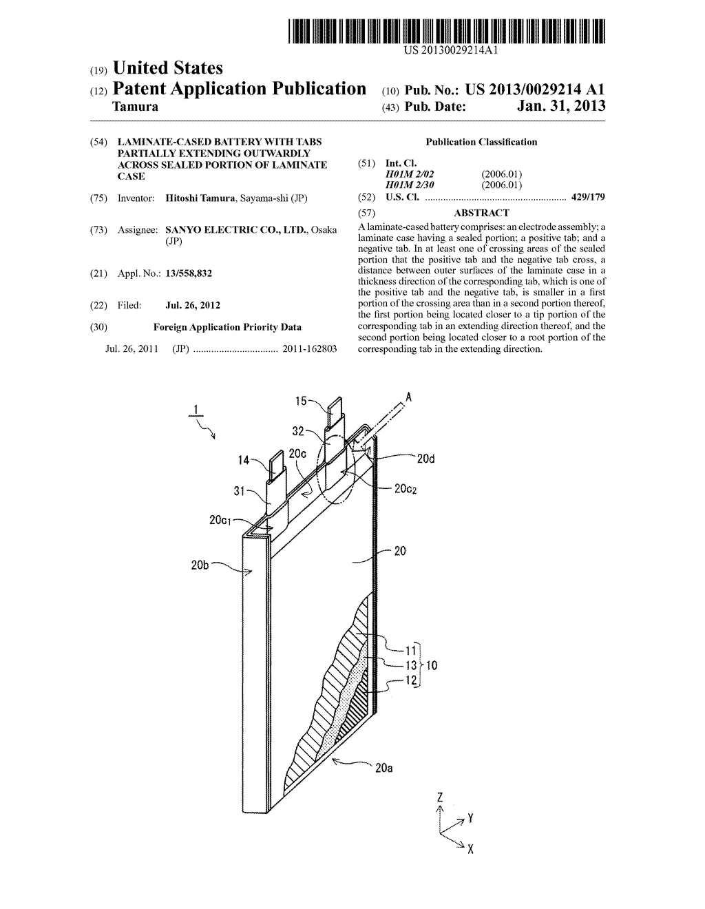 LAMINATE-CASED BATTERY WITH TABS PARTIALLY EXTENDING OUTWARDLY ACROSS     SEALED PORTION OF LAMINATE CASE - diagram, schematic, and image 01