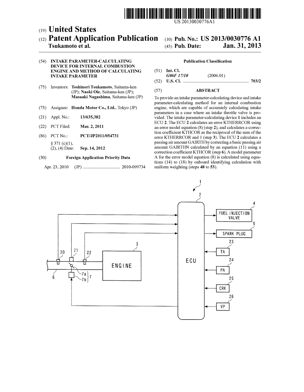 INTAKE PARAMETER-CALCULATING DEVICE FOR INTERNAL COMBUSTION ENGINE AND     METHOD OF CALCULATING INTAKE PARAMETER - diagram, schematic, and image 01