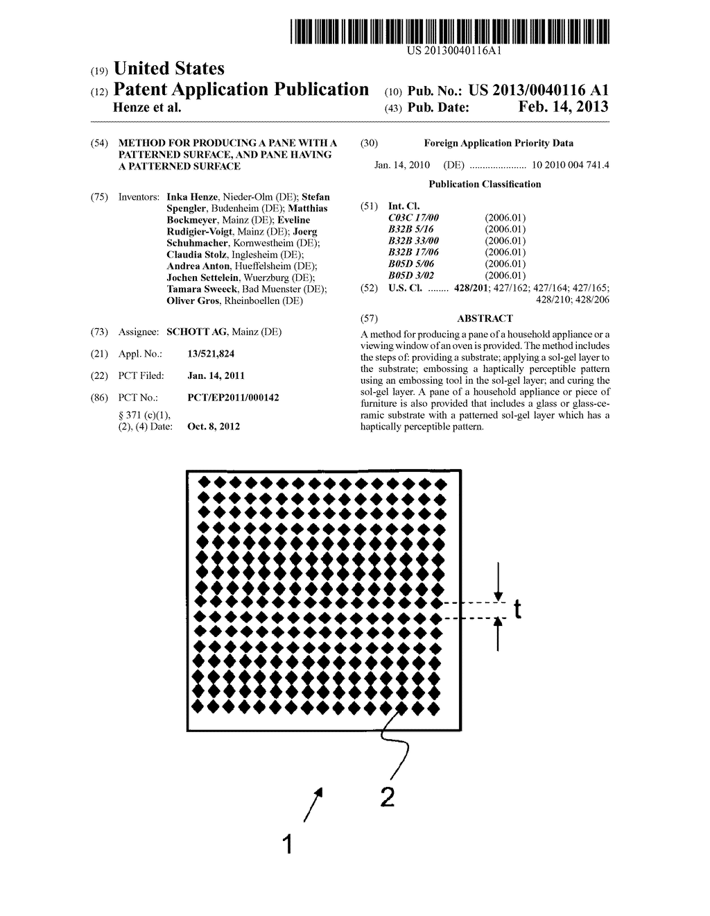 METHOD FOR PRODUCING A PANE WITH A PATTERNED SURFACE, AND PANE HAVING A     PATTERNED SURFACE - diagram, schematic, and image 01