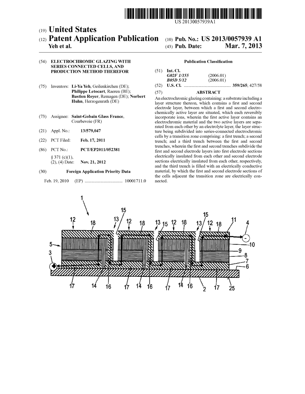 ELECTROCHROMIC GLAZING WITH SERIES CONNECTED CELLS, AND PRODUCTION METHOD     THEREFOR - diagram, schematic, and image 01